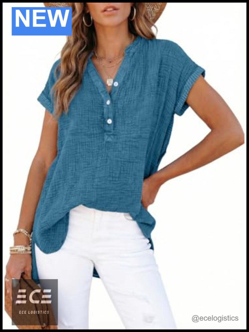 Womens Cotton V-Neck Button Front Short Sleeve Top Loose Fit